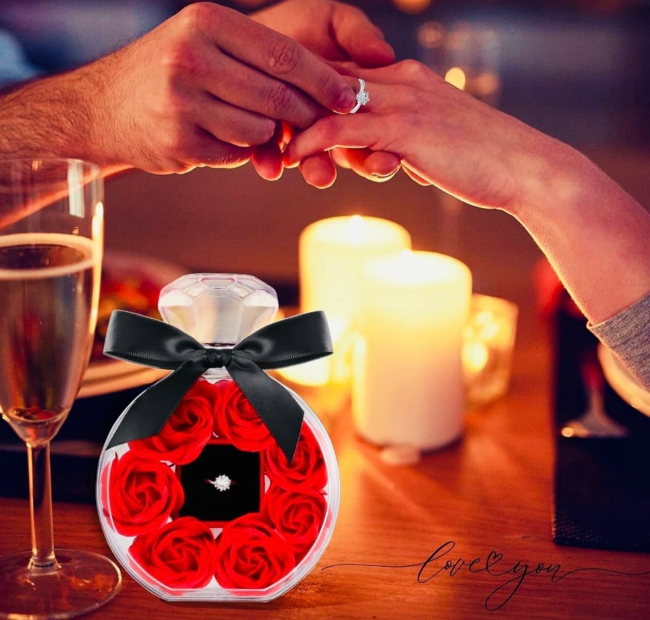 preserved rose with ring in a box