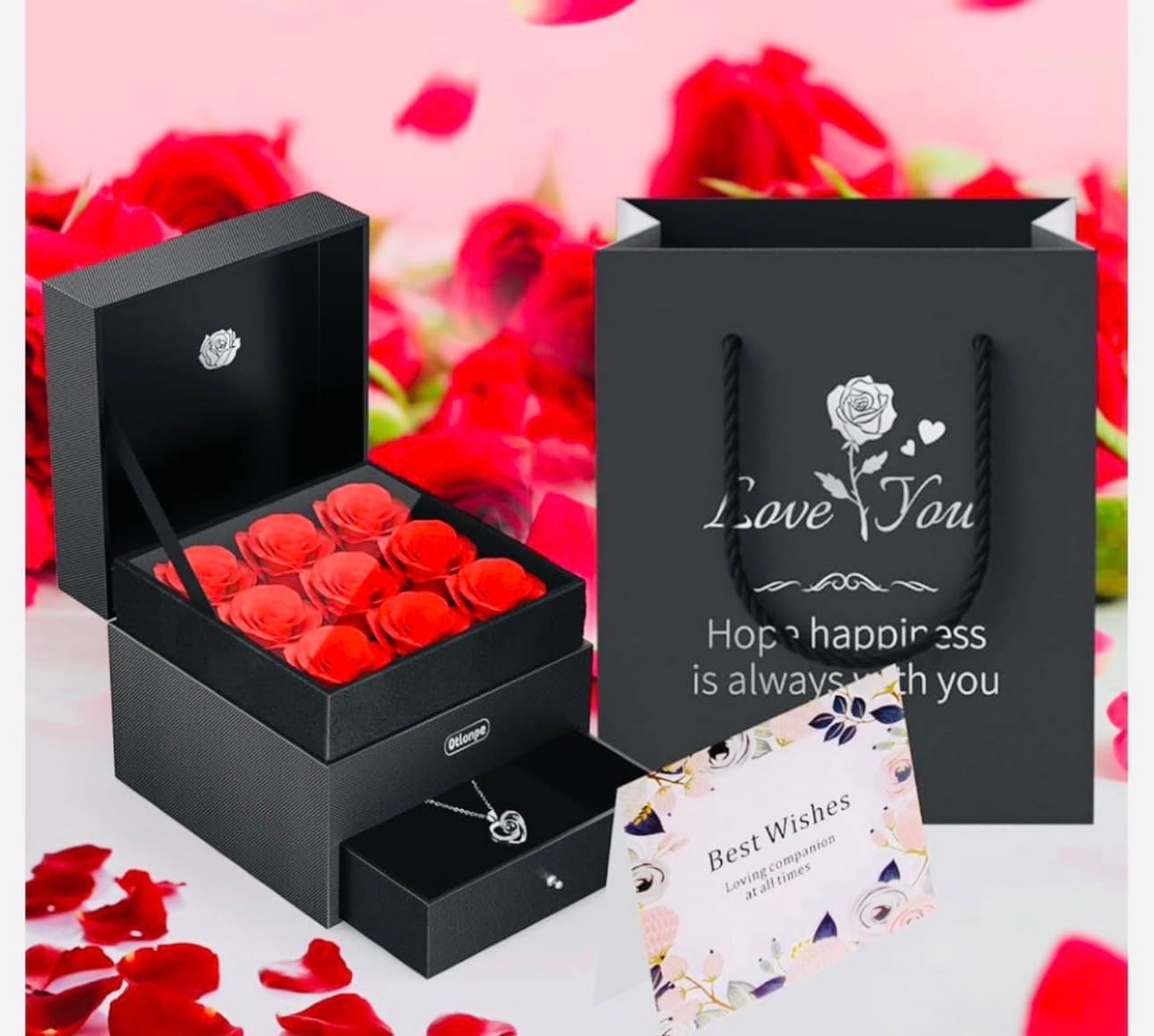 rose in box and necklace